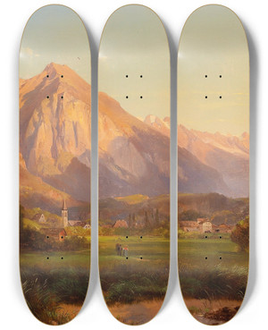 Triptych art skateboard deck of Anton Hansch Alpine Landscape by Anton Hansch (1813-1876)