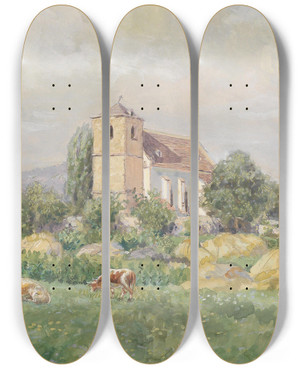 Triptych art skateboard deck of Eugen Jettel Kirche In Staatz by Eugen Jettel (1845-1901)