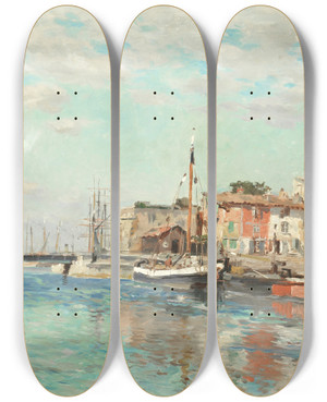 Triptych art skateboard deck of Edmondmarie Petitjean Le Port by Edmond Marie Petitjean (1844-1925)