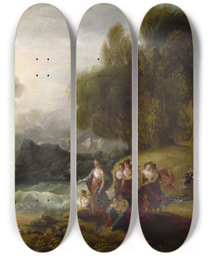 Triptych art skateboard deck of Benjamin West Telemachus And Calypso by Benjamin West (1738-1820)