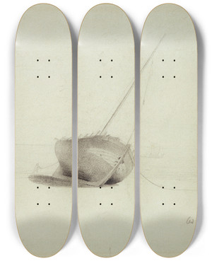 Triptych art skateboard deck of Odilon Redon Ship At The Beach by Odilon Redon (1840-1916)