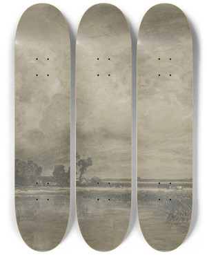 Triptych art skateboard deck of Philipp Rth River Landscape by Philipp Roth (1841-1921)