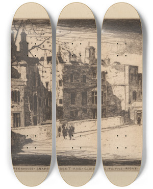 Triptych art skateboard deck of David Young Cameron Upper Green Charterhouse by David Young Cameron (1865-1945)