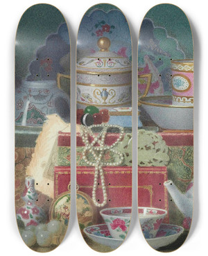 Triptych art skateboard deck of Benjamin Walter Spiers Old China by Benjamin Walter Spiers (1845-1923)