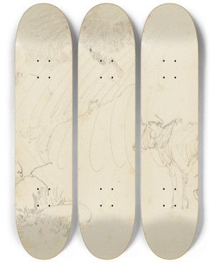 Triptych art skateboard deck of Johann Nepomuk Rauch Zwei Khe Eine Stehend Eine Liegend by Johann Nepomuk Rauch (1804-1847)