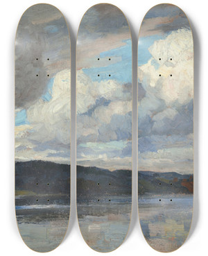 Triptych art skateboard deck of Wilhelm Ludwig Lehmann Wolkenstimmung Am Chiemsee by Wilhelm Ludwig Lehmann (1861-1932)