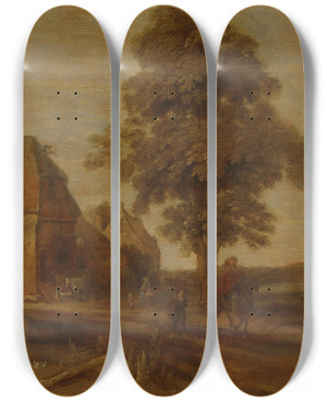 Triptych art skateboard deck of Aert Van Der Neer Landscape With An Inn by Aert van der Neer (1603-1677)