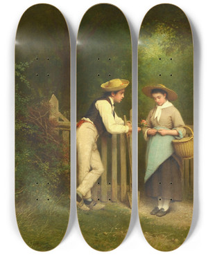Triptych art skateboard deck of Charles Moreau A Lovers Token by Charles Moreau (1830-1891)