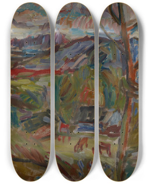 Triptych art skateboard deck of Sasza Blonder Mountain Landscape With Cows by Sasza Blonder (1909-1949)