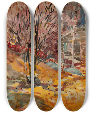 Triptych art skateboard deck of George Luks Autumn Landscape by George Luks (1866-1933)