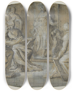 Triptych art skateboard deck of Camillo Procaccini The Virgin And Saint Joseph Find Jesus Disputing With The Doctors In The Temple by Camillo Procaccini (1546-1629)