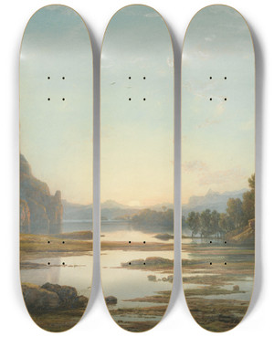 Triptych art skateboard deck of Francis Danby Sunset Over A River Landscape by Francis Danby (1793-1861)