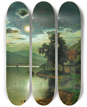 Triptych art skateboard deck of Fritz Chwala A Moonlit Night On A Lake by Fritz Chwala (1872-1936)