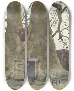 Triptych art skateboard deck of Fritz Hauck Zwei Araber Vor Einem Riesenbaum Der Als Wohnung Genutzt Wird by Fritz Hauck (1852-1909)