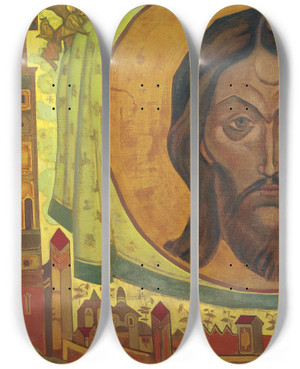 Triptych art skateboard deck of Nicholas Roerich And We See by Nicholas Roerich (1874-1947)