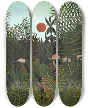Triptych art skateboard deck of Henri Rousseau Jungle With Setting Sun by Henri Rousseau (1844-1910)
