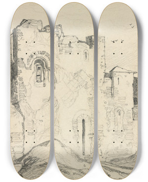 Triptych art skateboard deck of John Sell Cotman A Castle In Normandy by John Sell Cotman (1782-1842)