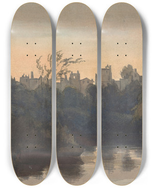 Triptych art skateboard deck of Thomas Sully Town Scene On River by Thomas Sully (1783-1872)