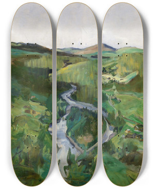 Triptych art skateboard deck of Harriet Backer Landscape From Foldalen by Harriet Backer (1845-1932)