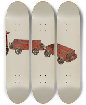 Triptych art skateboard deck of Robert Clark Toy Train by Robert Clark