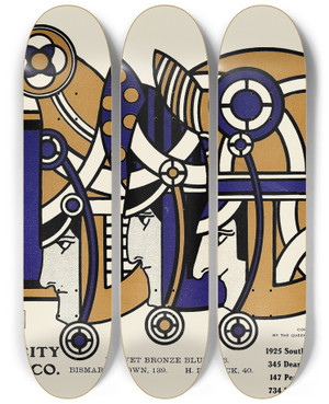 Triptych art skateboard deck of Augustus Jansson Queen City Ink Ad 03 by Augustus Jansson (1863-1931)