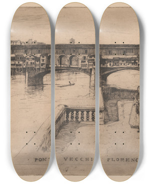 Triptych art skateboard deck of David Young Cameron Ponte Vecchio by David Young Cameron (1865-1945)