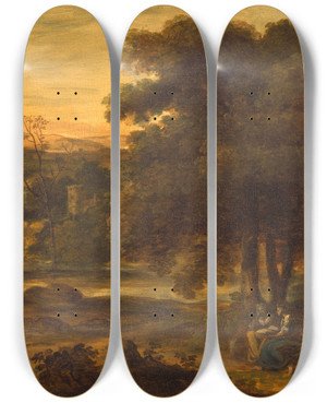 Triptych art skateboard deck of Alexander Runciman Classical Landscape by Alexander Runciman (1736-1785)