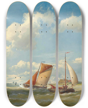 Triptych art skateboard deck of Hermanus Koekkoek Dutch Barges In Choppy Waters by Hermanus Koekkoek (1815-1882)