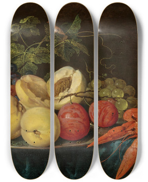 Triptych art skateboard deck of Jan Davidsz De Heem Fruit On A Silver Platter With Lobsters On A Partially Draped Table by Jan Davidsz de Heem (1606-1684)