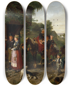 Triptych art skateboard deck of Bengt Nordenberg A Vrend Wedding by Bengt Nordenberg (1822-1902)