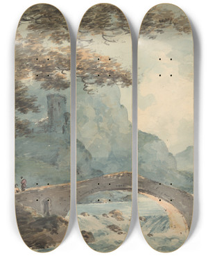 Triptych art skateboard deck of William Sawrey Gilpin Two Men On A Bridge by William Sawrey Gilpin (1762-1843)