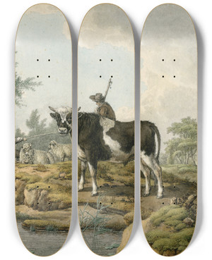Triptych art skateboard deck of Barend Hendrik Thier Boeren Met Jonge Stier En Ander Vee Langs Waterkant by Barend Hendrik Thier (1751-1814)