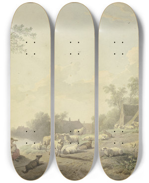 Triptych art skateboard deck of Abraham Teerlink An Einem Weg Bei Bauernhusern Eine Schafherde by Abraham Teerlink (1776-1857)