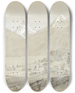 Triptych art skateboard deck of Thomas Cole Landscape With Jungfrau by Thomas Cole (1801-1848)