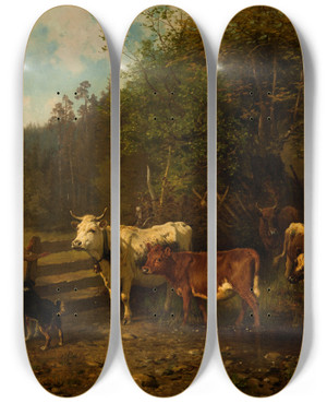 Triptych art skateboard deck of Anders Askevold Woodland Pasture by Anders Askevold (1834-1900)