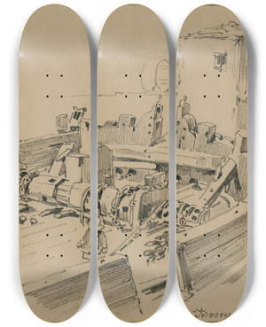 Triptych art skateboard deck of Pieter Van Loon De Ankerwinde Van Een Oud Zeevaartuig by Pieter Van Loon (1801-1873)