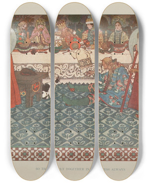 Triptych art skateboard deck of Ivan Bilibin So They Dwelt Together In Happiness Always by Ivan Bilibin (1876-1942)