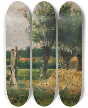 Triptych art skateboard deck of Anton Mauve Landscape With Willow Trees by Anton Mauve (1838-1888)