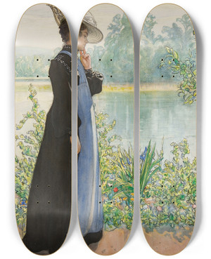 Triptych art skateboard deck of Carl Larsson Karin By The Shore by Carl Larsson (1853-1919)