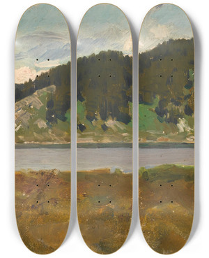 Triptych art skateboard deck of Apollinari Mikhailovich Vasnetsov Landscape With Lake by Apollinari Mikhailovich Vasnetsov (1856-1933)