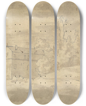 Triptych art skateboard deck of Joseph Wright Of Derby Landscape With Villa Surrounded By Trees by Joseph Wright Of Derby (1734-1797)