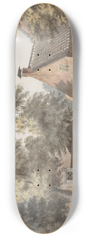 Hendrik Abraham Klinkhamer - Dorpsgezicht met links twee mannen leunend tegen een hekwerk 8.25 inch art skate deck