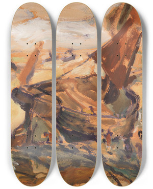 Triptych art skateboard deck of Julius Seyler Segelschiff Im Watt by Julius Seyler (1873-1955)