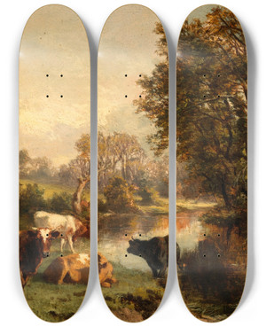 Triptych art skateboard deck of Alfred Grey The River Bank by Alfred Grey (1845-1926)