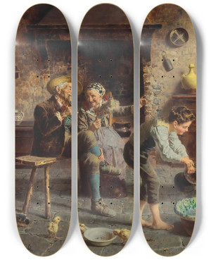 Triptych art skateboard deck of Eugenio Zampighi Bath Time by Eugenio Zampighi (1859-1944)