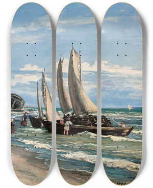 Triptych art skateboard deck of Martinus Rrbye Beach At Skagen Vesterby by Martinus Rorbye (1803-1848)