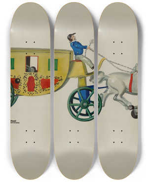 Triptych art skateboard deck of Page Coffman Toy Two Horse Hack by Page Coffman