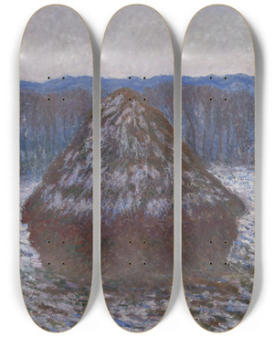 Triptych art skateboard deck of Claude Monet Stack Of Wheat by Claude Monet (1840-1926)