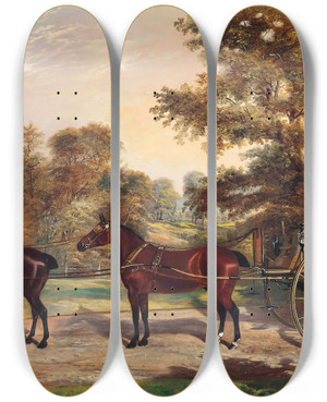 Triptych art skateboard deck of Benjamin Cam Norton Carriage Horses Harnessed In Tandem by Benjamin Cam Norton (1835-1900)