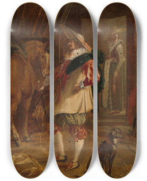 Triptych art skateboard deck of F Jansen A Guard House by F Jansen